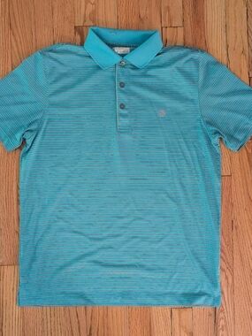 Izod Golf Polo Shirt Mens Medium Blue with Thin White Horizontal Stripes